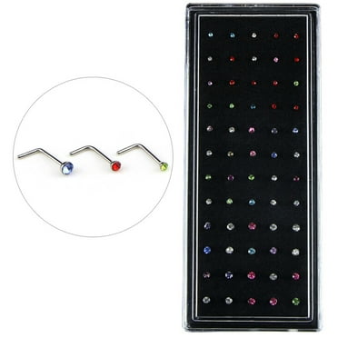 BOX OF 20/60 SURGICAL STEEL SILVER NOSE STUDS 1mm CRYSTAL GEM BAR BODY GIFT D 